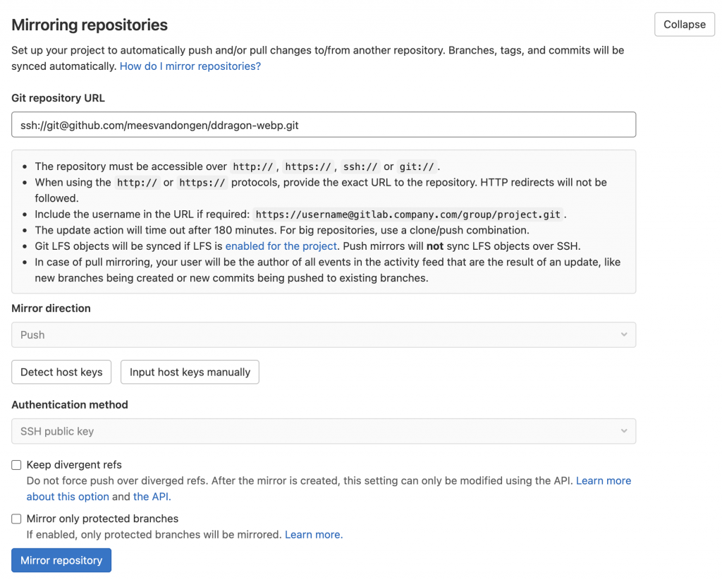 The mirroring repositories settings on gitlab