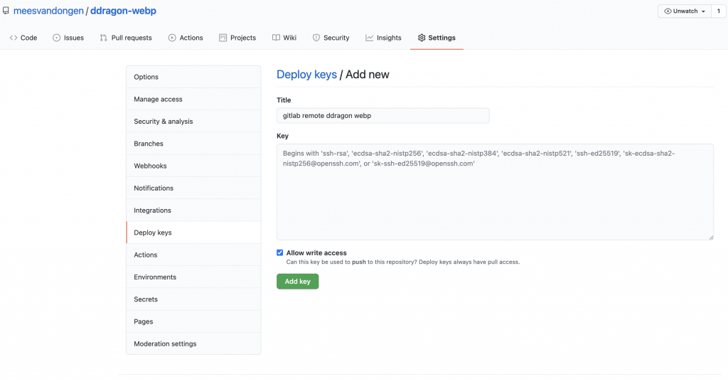The add new deploy key page on github