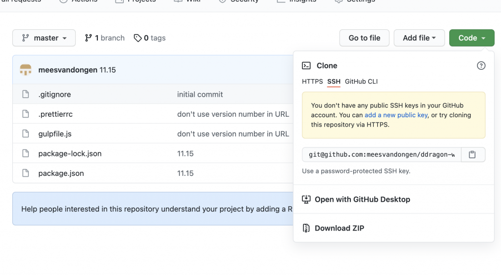 A screenshot of github, with the code menu expanded, showing where to copy the ssh URL